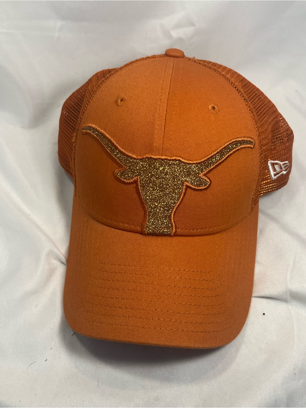 New Era Orange Trucker Cap with Gold Glitter Longhorn